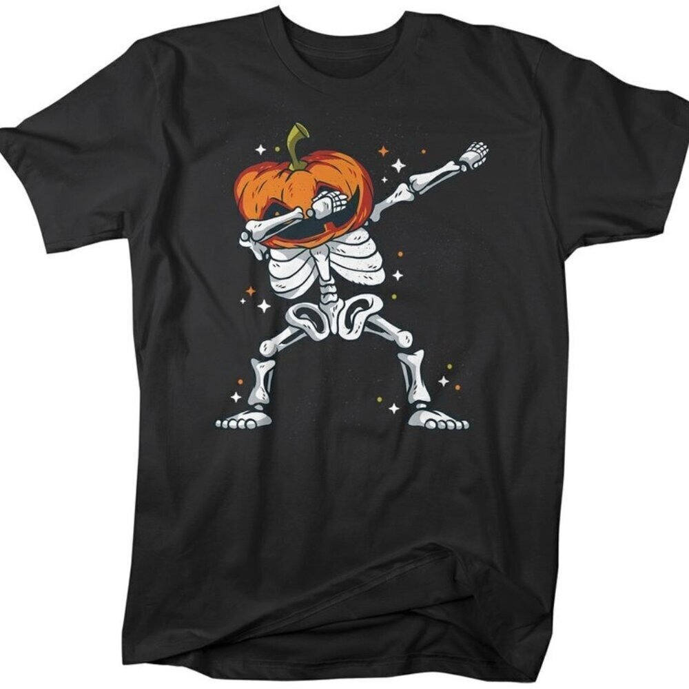 Dabbing Pumpkin Skeleton Funny Halloween Graphic Unisex T-Shirt